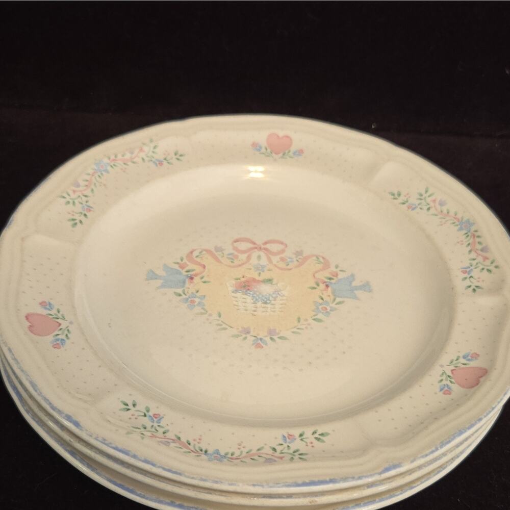 Tienshan Hearts Stoneware Round salad Plates White/Pink/Blue Dishwasher safe